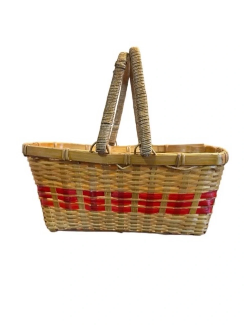 Hand Woven Wicker Basket Double Swing Handles Harvest Basket Red Accent Picnic